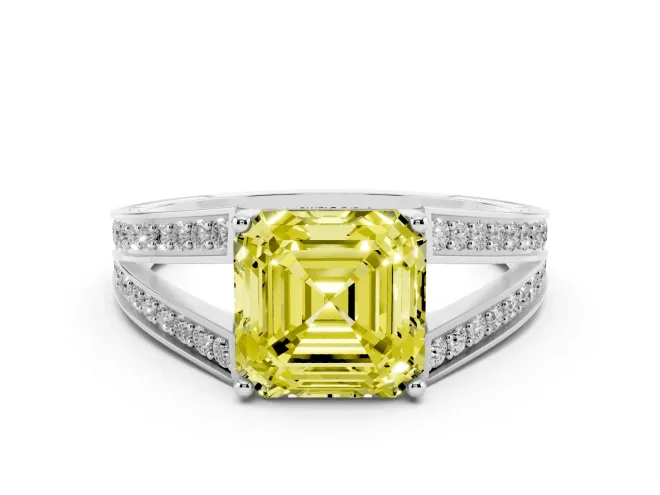 Fancy Yellow Asscher Cut Diamond Split Shank Ring Set in Silver with Pavé Band and Prong Setting