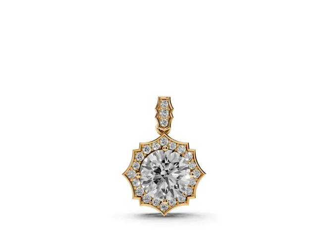 Round Lab-Grown Diamond Pointed Halo Pendant Necklace | Pavé Bail | Yellow Gold