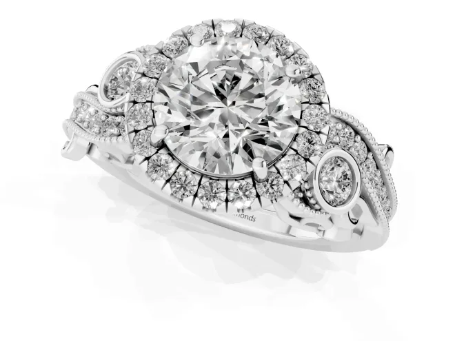 Round Cut Diamond Halo Ring Set in White gold with Milgrain Pavé Band and Prong Setting – second view