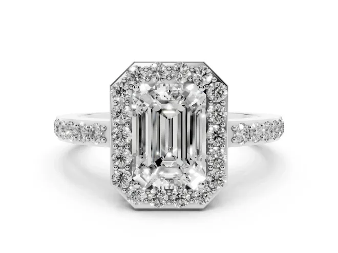Emerald Cut Diamond Halo Ring Set in Platinum with Pavé-Setting Band and Open Prong Center