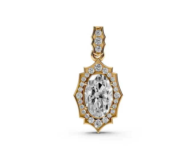 Oval Lab-Grown Diamond Art Deco Halo Pendant Necklace | Scalloped Frame | Yellow Gold