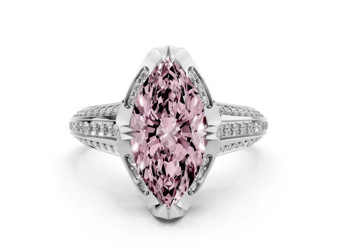 Marquise Hidden Halo Engagement Ring Setting for a Fancy Pink Lab-Grown Diamond | Triple Row Pavé Band | White Gold