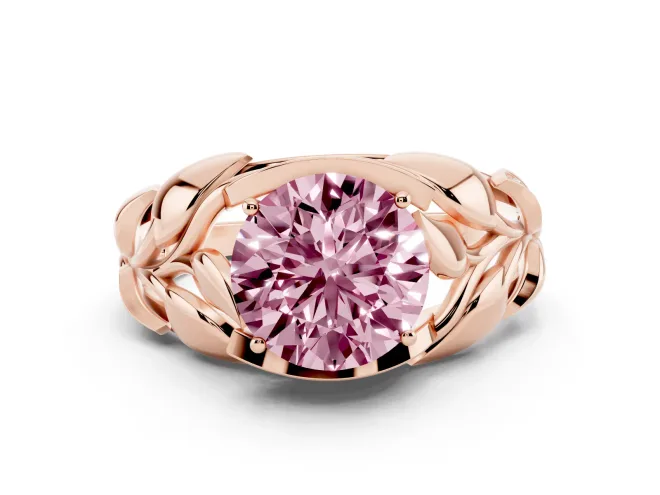 Fancy Pink Round Cut Diamond Leaf-Inspired Engagement Ring Set in Rose gold with Round Accents