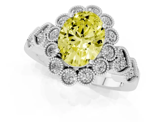 Fancy Yellow Oval Cut Diamond Solitaire Ring Set in Platinum with Milgrain Pavé Heart Band – second view
