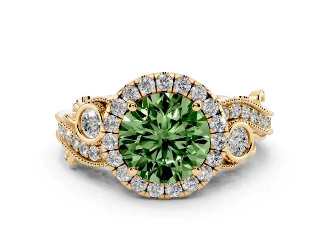 Round Vintage Halo Engagement Ring Setting for a Fancy Green Lab-Grown Diamond | Bezel Shoulder Accents | Yellow Gold