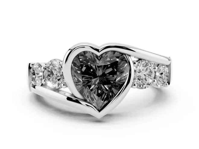 Heart-Shaped Bezel Bypass Engagement Ring Setting for a Black Center | Round Side Stones | Platinum