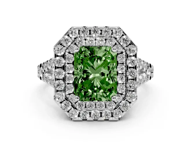 Fancy Green Radiant Cut Diamond Double Halo Ring Set in White gold with Pavé Split Shank and Prong Setting
