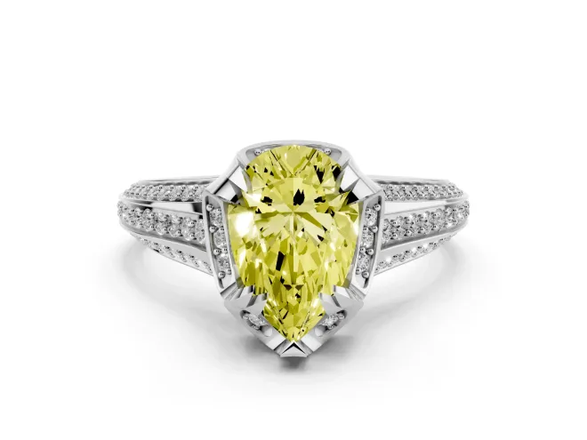 Pear-Shaped Hidden Halo Engagement Ring Setting for a Fancy Yellow Lab-Grown Diamond | Triple Row Pavé Band | White Gold