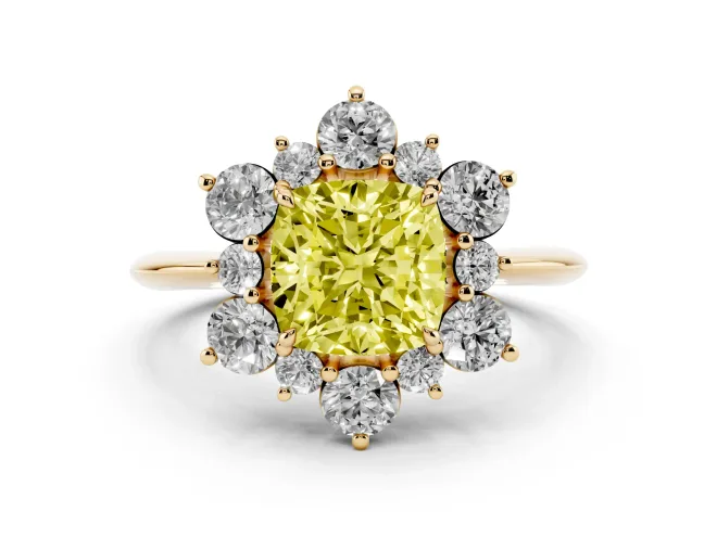 Cushion Cut Cluster Halo Engagement Ring Setting for a Fancy Yellow Lab-Grown Diamond | Yellow Gold