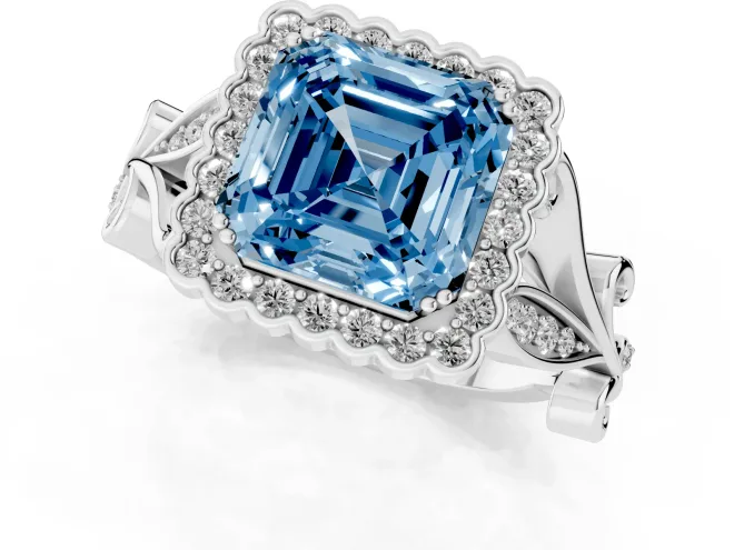 Fancy Blue Asscher Cut Diamond Halo Ring Set in Silver with Leaf Motif Split Shank and Prong Setting – second view
