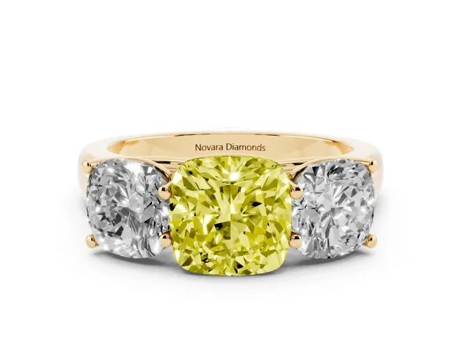 Fancy Yellow Cushion Cut Diamond Three-Stone Ring Set in Yellow gold with Plain Polished Band