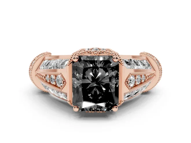 Fancy Black Radiant Cut Diamond Vintage-Inspired Milgrain Ring Set in Rose gold with Accent Split Shank