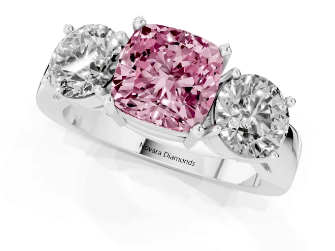 Fancy Pink Cushion Cut Diamond Three-Stone Ring Set in White gold with Round Side Stones and Classic Band – second view