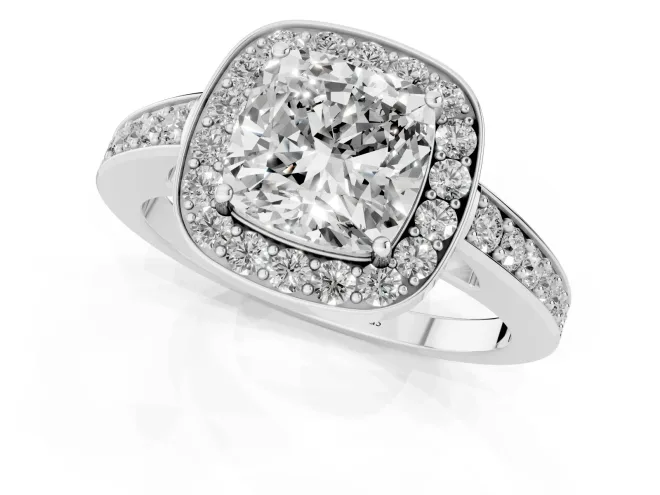 Cushion Cut Diamond Halo Pavé Engagement Ring Set in White gold with Bezel Setting – second view