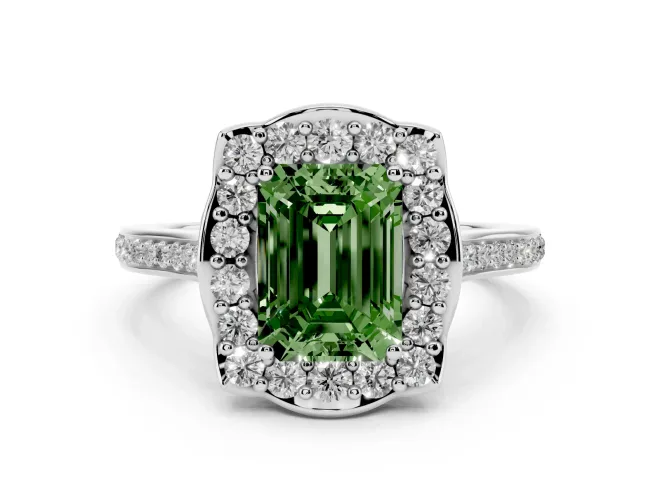 Emerald Cut Halo Engagement Ring Setting for a Fancy Green Lab-Grown Diamond | Petal Tips | Platinum