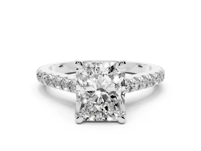 Radiant Cut Diamond Solitaire Ring Set in White gold with Brilliant Pavé Band and Prong Setting