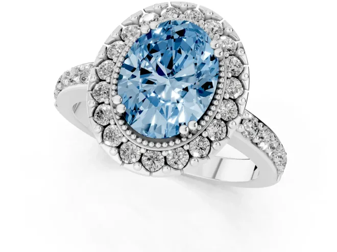 Fancy Blue Oval Cut Diamond Halo Ring Set in Silver with Pavé Shank and Prong Setting – second view