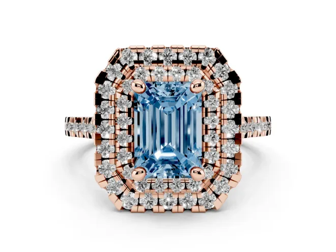Fancy Blue Emerald Cut Diamond Double Halo Statement Ring Set in Rose gold with Pavé Band