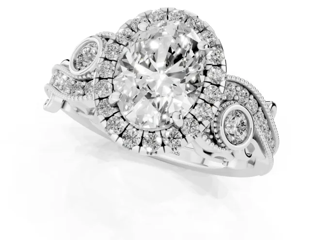 Oval Cut Diamond Halo Ring Set in Silver with Milgrain Pavé Band and Prong Setting – second view