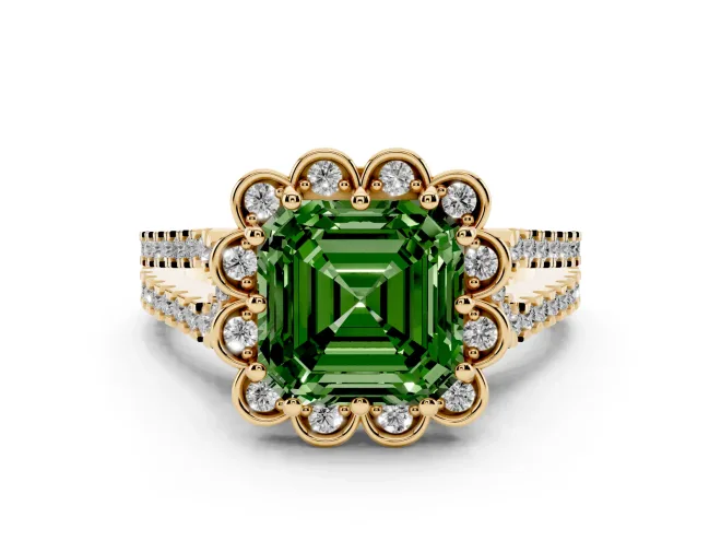 Asscher Cut Floral Halo Engagement Ring Setting for a Fancy Green Lab-Grown Diamond | Pavé Split Shank | Yellow Gold