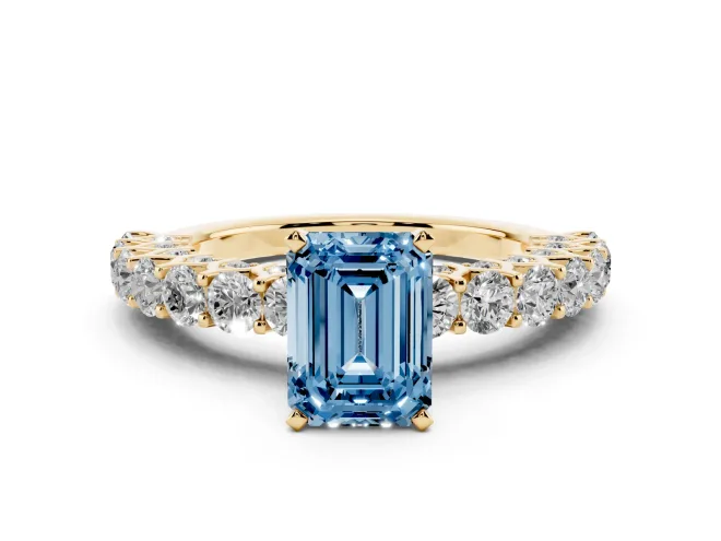 Emerald Cut Shared Prong Engagement Ring Setting for a Fancy Blue Lab-Grown Diamond | Yellow Gold