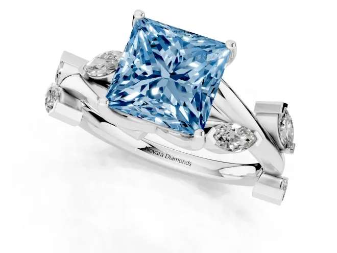 Fancy Blue Princess Cut Diamond Solitaire Ring Set in White gold with Twisted Marquise Accent Band – second view