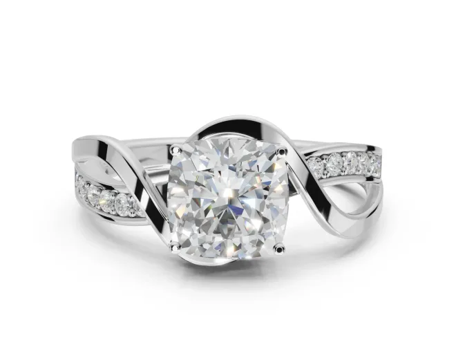 Cushion Cut Bypass Solitaire Engagement Ring Setting | Pavé and Plain Strands | Platinum