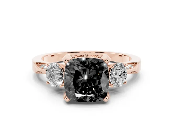 Cushion Cut Hidden Halo Three Stone Engagement Ring Setting for a Black Center | Rose Gold