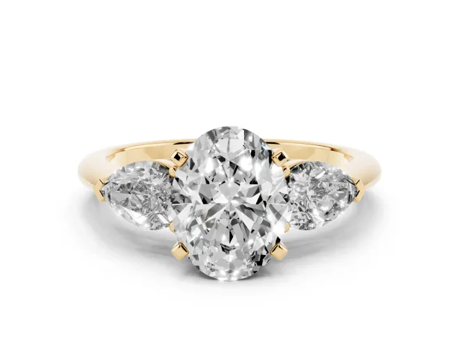 Oval Three-Stone Engagement Ring Setting | Pear Side Stones | Yellow Gold