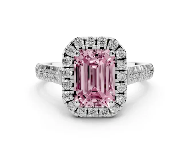 Emerald Cut Accented Halo Engagement Ring Setting for a Fancy Pink Lab-Grown Diamond | White Gold