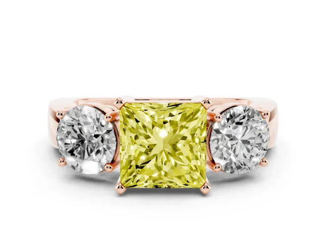 Fancy Yellow Princess Cut Diamond Three-Stone Ring Set in Rose gold with Round Side Stones and Classic Band