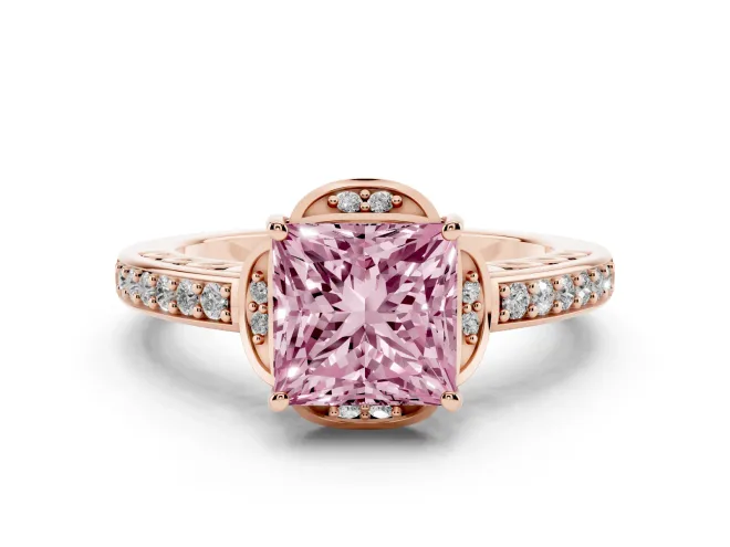 Princess Cut Floral Pavé Engagement Ring Setting for a Fancy Pink Lab-Grown Diamond | Rose Gold
