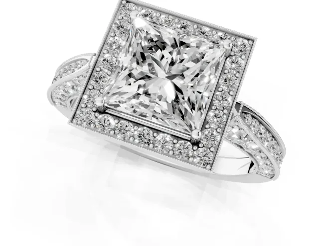 Princess Cut Diamond Halo Engagement Ring Set in White gold with Accent Split Shank Band – second view