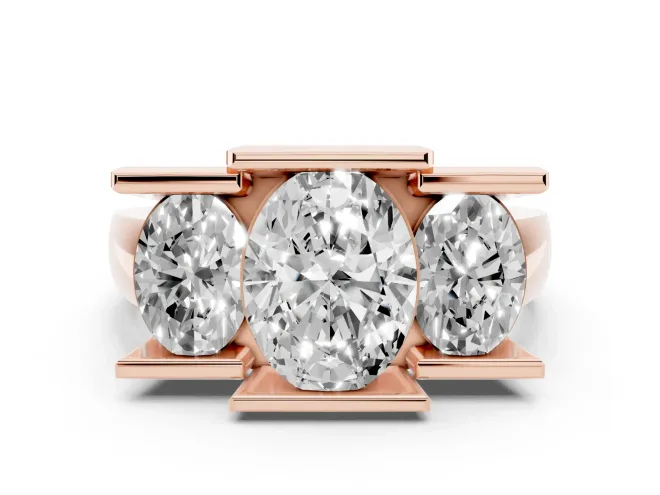Oval Cut Diamond Three-Stone Channel Set Ring Set in Rose gold with Smooth Polished Band