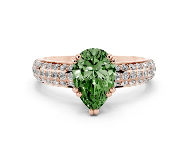 Pear-Shaped Three Row Pavé Engagement Ring Setting for a Fancy Green Lab-Grown Diamond | Rose Gold