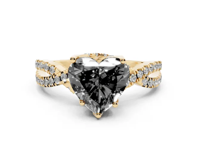 Heart-Shaped Twisted Pavé Engagement Ring Setting for a Black Center | Split Shank | Yellow Gold