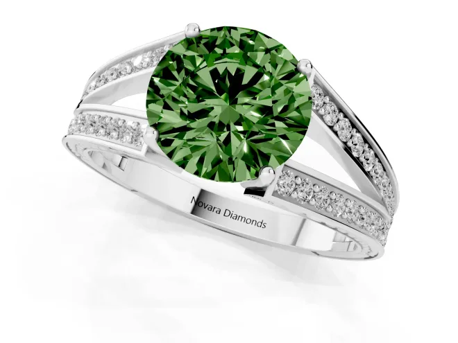 Fancy Green Round Cut Diamond Split Shank Ring Set in Silver with Pavé Band and Prong Setting – second view
