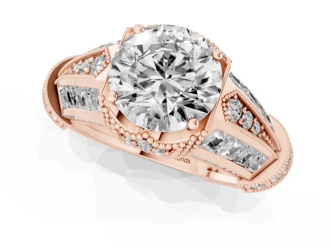 Round Cut Diamond Vintage-Inspired Milgrain Ring Set in Rose gold with Accent Split Shank – second view