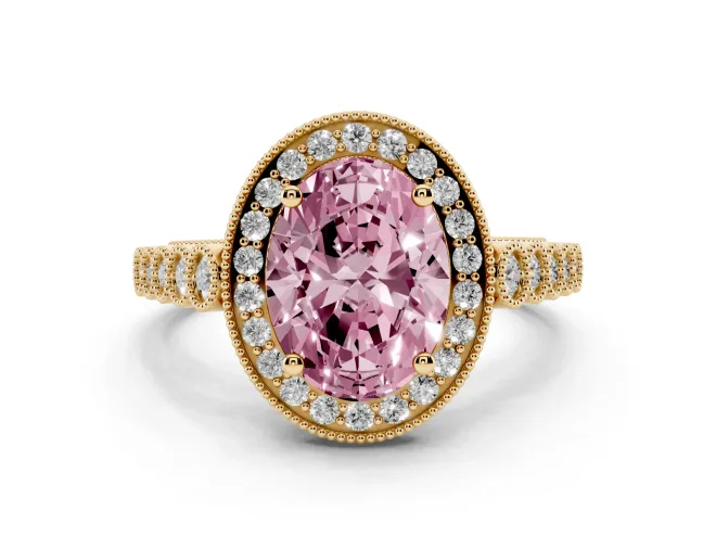 Oval Milgrain Halo Engagement Ring Setting for a Fancy Pink Lab-Grown Diamond | Graduated Bezel Accents | Yellow Gold