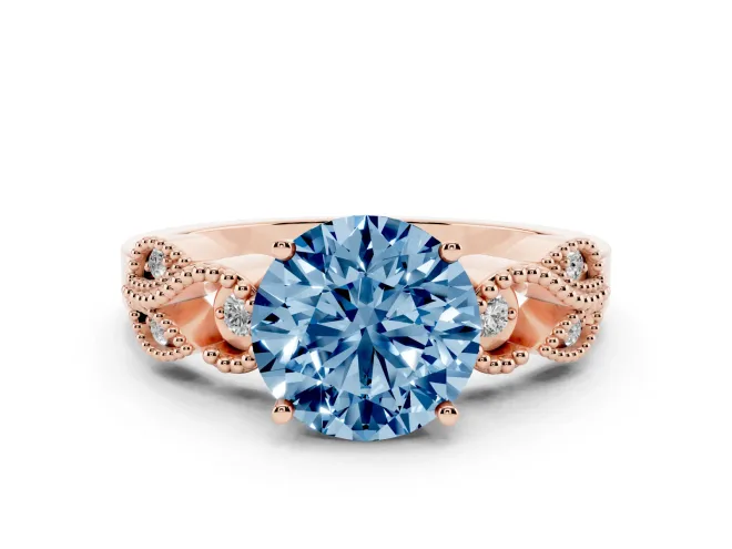 Round Vintage Leaf Solitaire Engagement Ring Setting for a Fancy Blue Lab-Grown Diamond | Rose Gold