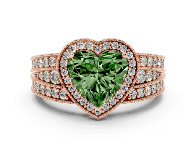 Heart-Shaped Milgrain Halo Engagement Ring Setting for a Fancy Green Lab-Grown Diamond | Split Shank | Rose Gold