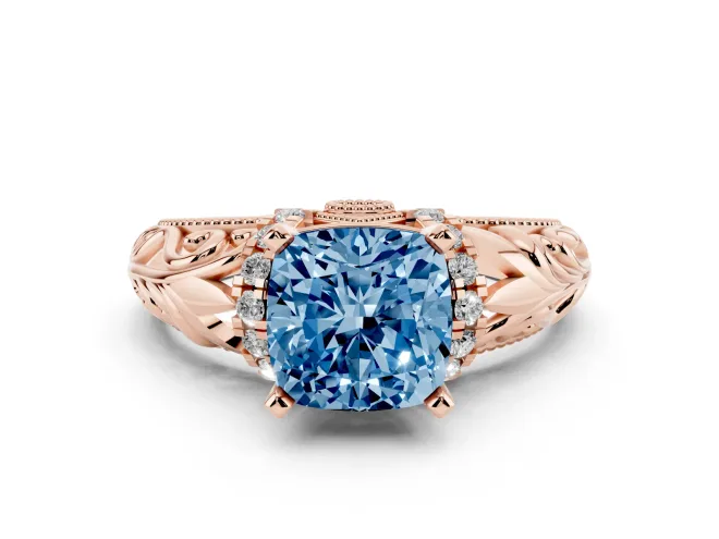 Cushion Cut Filigree Engagement Ring Setting for a Fancy Blue Lab-Grown Diamond | Rose Gold