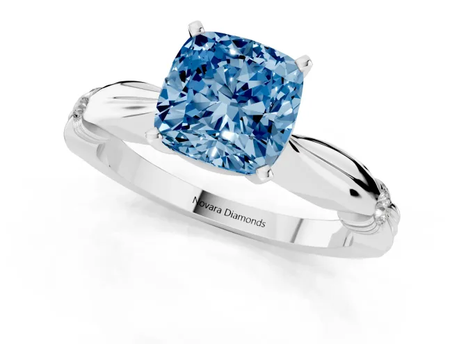 Fancy Blue Cushion Cut Diamond Solitaire Twisted Band Ring Set in White gold with Accent Stones and Prong Setting – second view