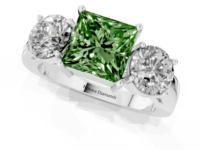 Fancy Green Princess Cut Diamond Three-Stone Ring Set in Platinum with Round Side Stones and Classic Band – second view