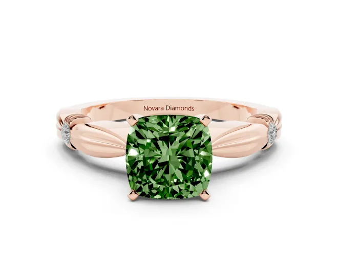 Fancy Green Cushion Cut Diamond Solitaire Twisted Band Ring Set in Rose gold with Accent Stones and Prong Setting
