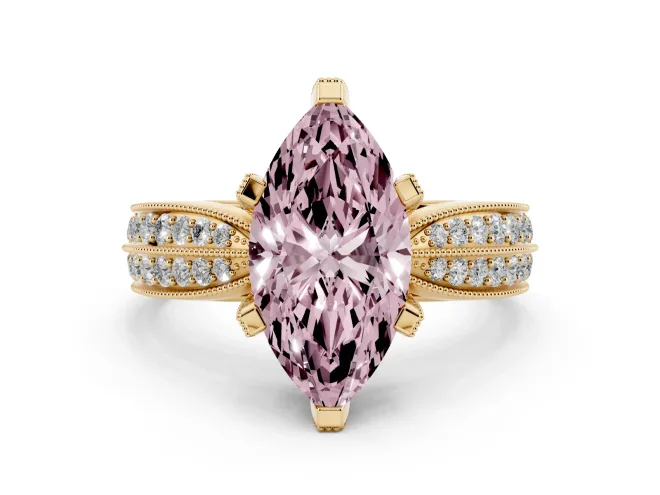Fancy Pink Marquise Cut Diamond Solitaire Ring Set in Yellow gold with Milgrain Double Row Round Pavé Band