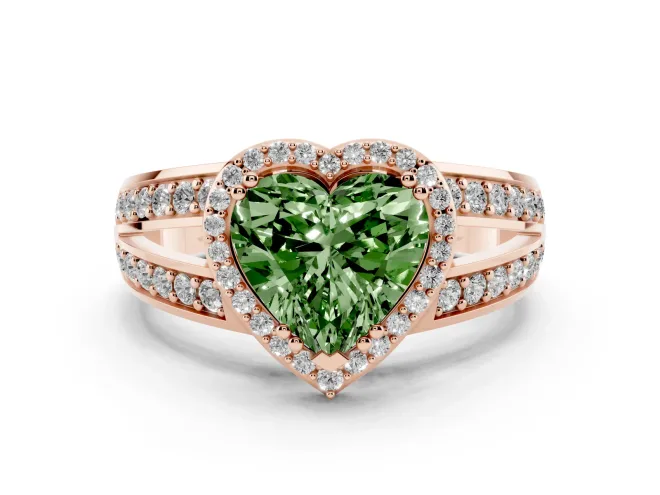 Fancy Green Heart Cut Diamond Halo Ring Set in Rose gold with Double Pavé Split Shank