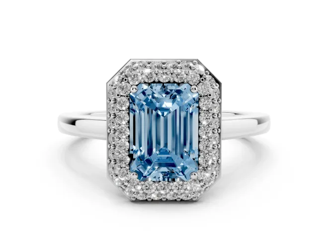 Emerald Cut Pavé Halo Engagement Ring Setting for a Fancy Blue Lab-Grown Diamond | Slim Plain Band | White Gold
