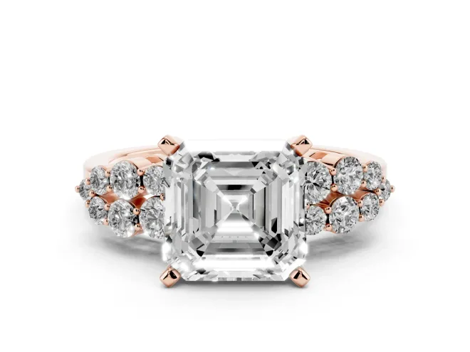 Asscher Cut Diamond Cluster Engagement Ring Set in Rose gold with Pavé Band and Prong Setting