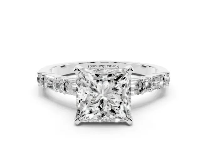 Princess Cut Baguette Side Stone Engagement Ring Setting | Alternating Accents | Sterling Silver
